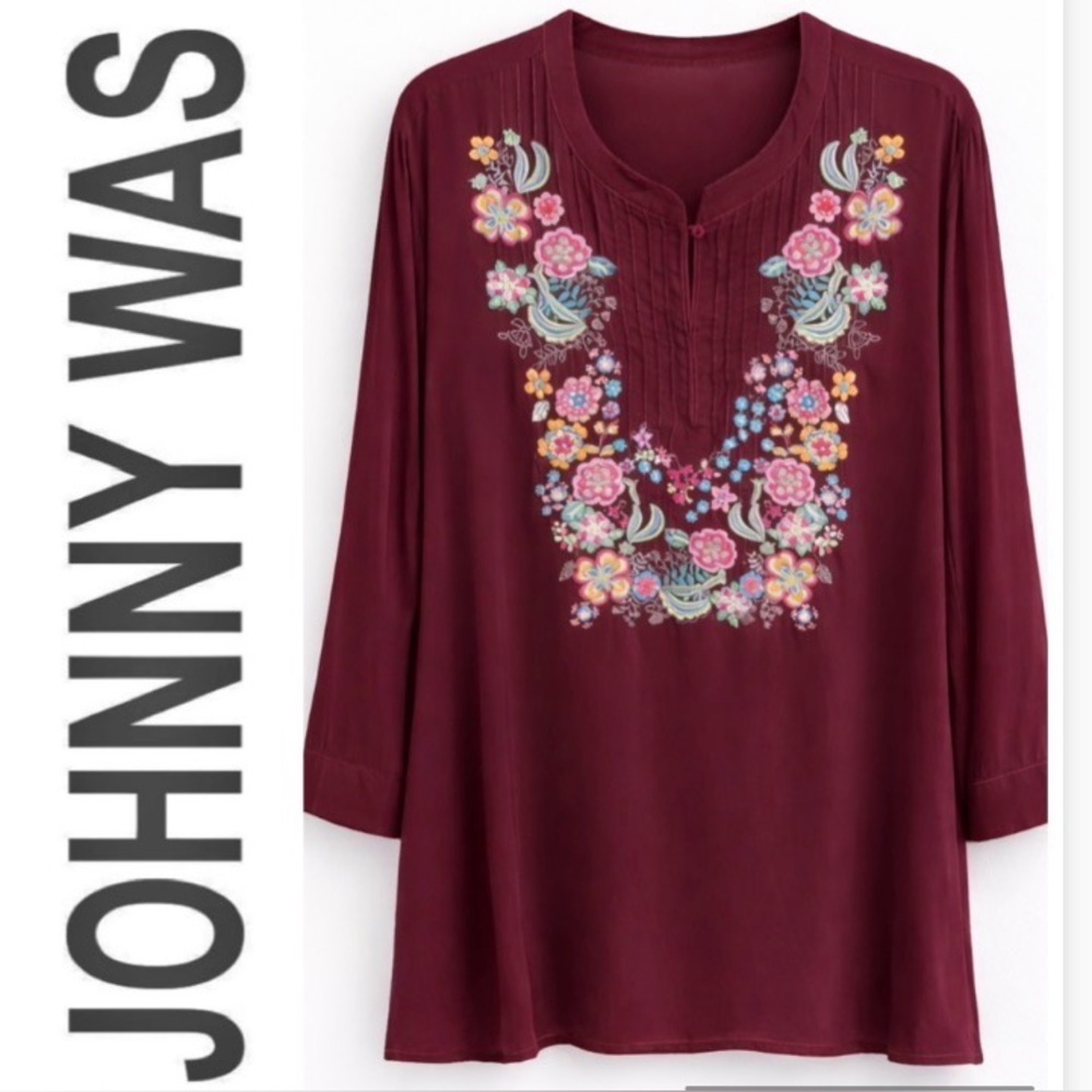 Johnny Was Embroidered V-Neck Tunic Top - Wine